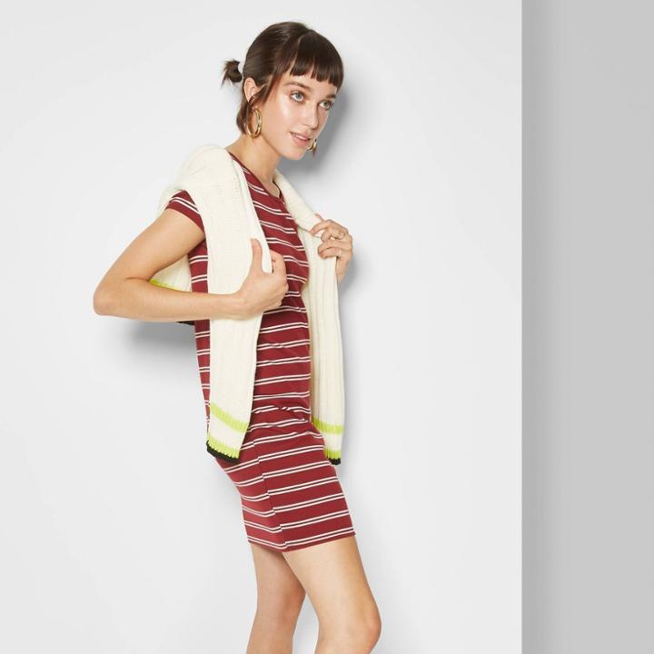 Petitewomen's Striped Short Sleeve Crewneck Knit Mini Dress - Wild Fable Burgundy