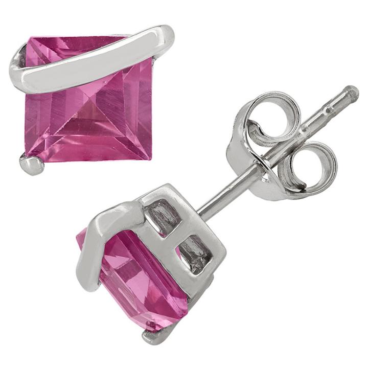 Tiara Princess-cut Pink Sapphire Stud Earrings In Sterling