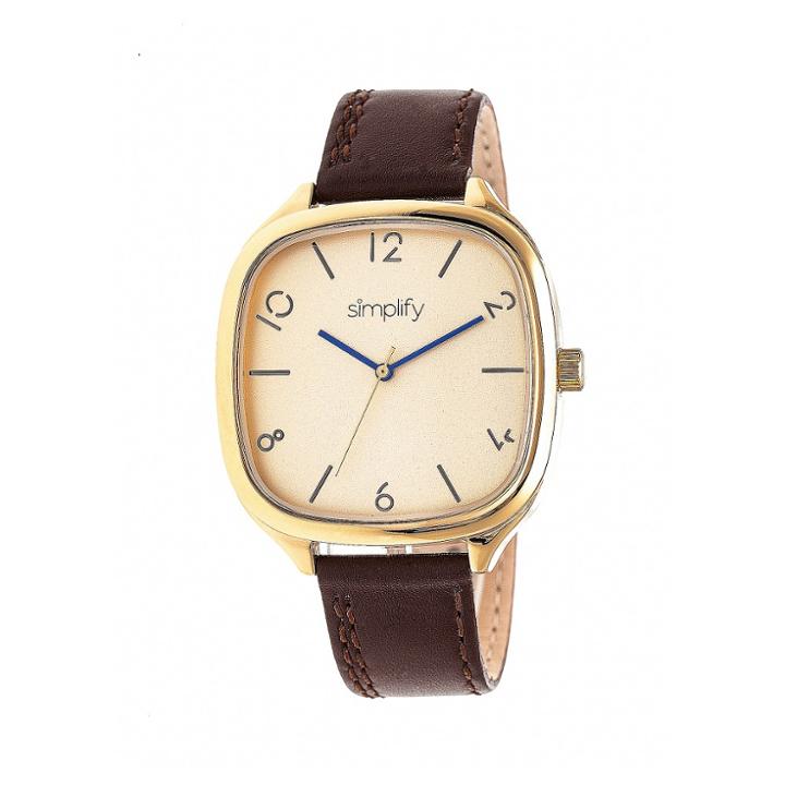 Simplify The 3500 Men's Leather-band Watch - Gold/dark Brown, Dark Chestnut