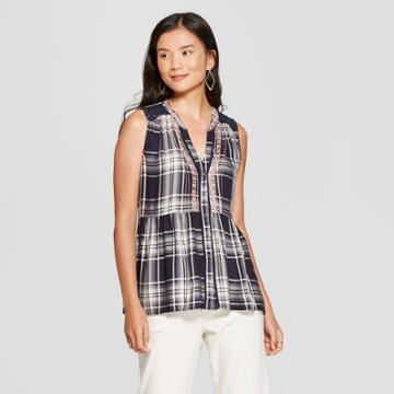 Women's Plaid Button-down Embroidered Tank - Knox Rose Black