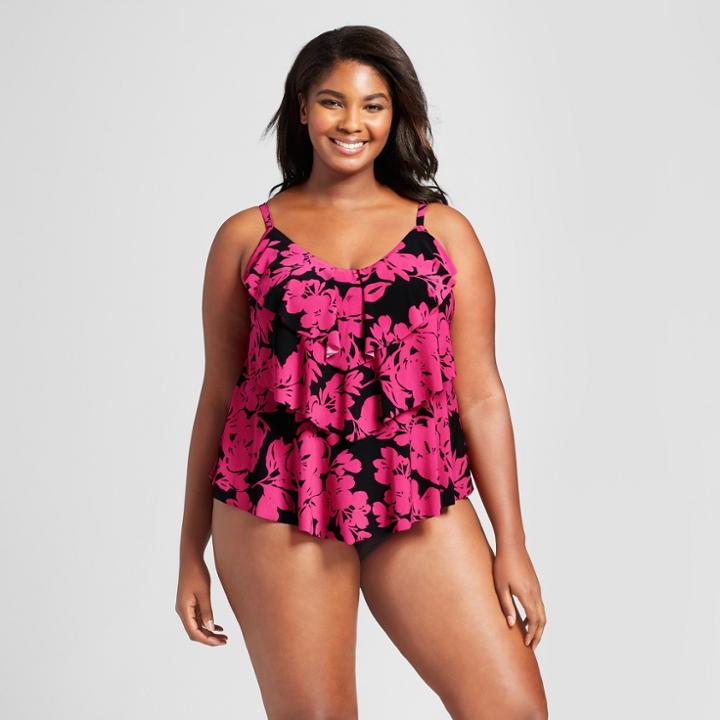 Women's Tiered Tankini Pink Floral - Aqua Green Pink