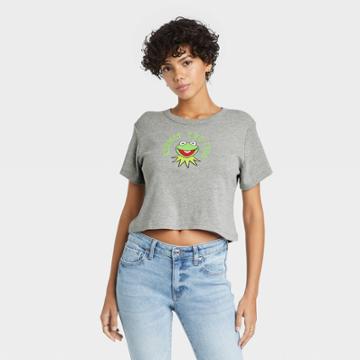 The Muppets Women's St. Patrick's Day Kermit Baby Doll Short Sleeve Cropped Graphic T-shirt - Gray