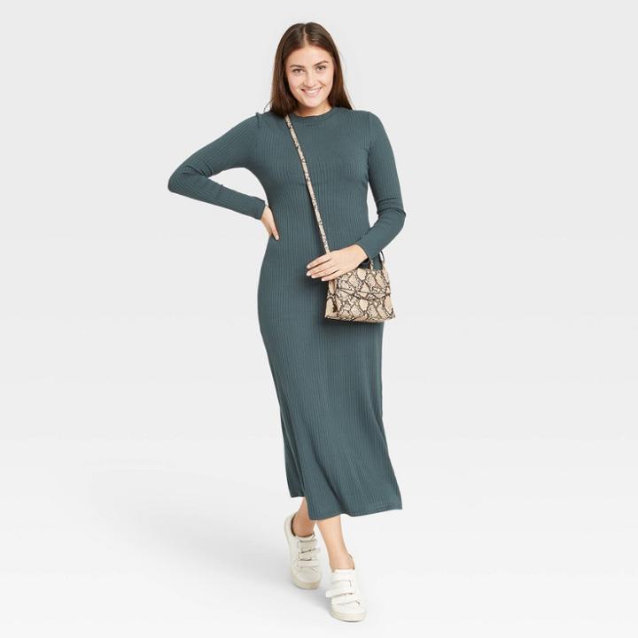 Women's Long Sleeve Rib Knit Dress - A New Day Green