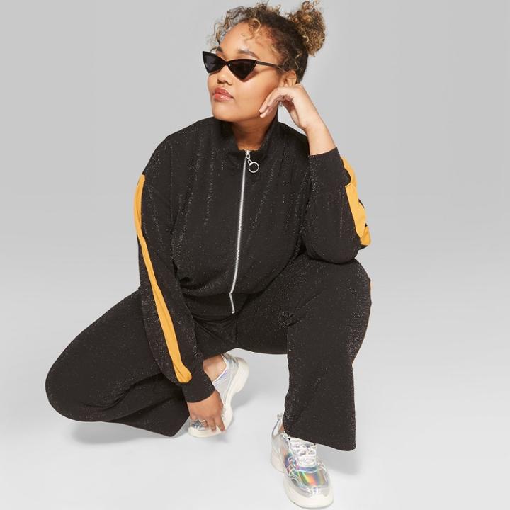 Women's Plus Size Striped Long Sleeve Glitter Track Jacket - Wild Fable Black