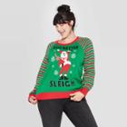 Mighty Fine Women's Sleigh Santa Plus Size Long Sleeve Sweater (juniors') - Green