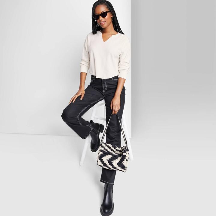 Women's Long Sleeve V-neck Waffle Boxy T-shirt - Wild Fable Almond