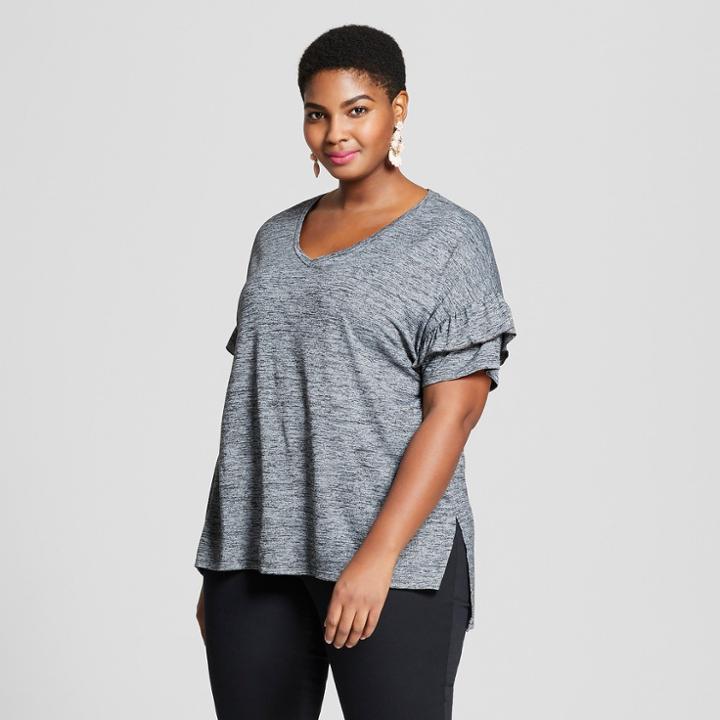 Women's Plus Size Knit Top Ruffle Short Sleeve - Ava & Viv Black Heather