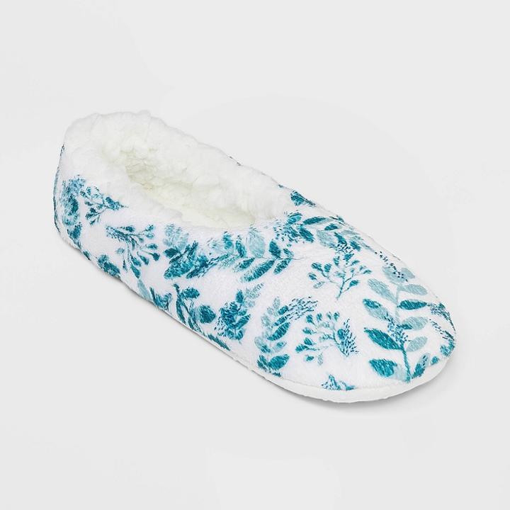 No Brand Women's Painterly Leaves Cozy Pull-on Slipper Socks - Ivory/green