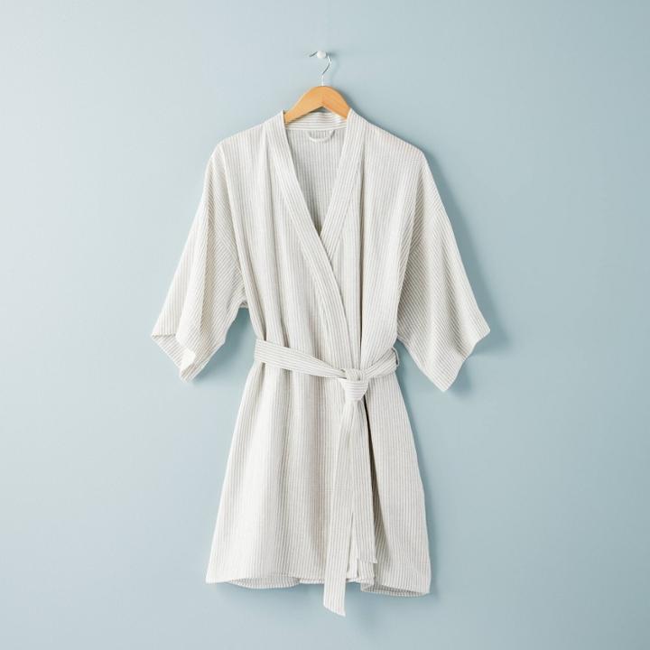 Women's Ticking Stripe Linen Blend Robe Cream/gray - Hearth & Hand With Magnolia