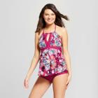 Maternity Floral Print High Neck Contrast Tankini Top - Sea Angel - Wine Blossom S, Women's, Red