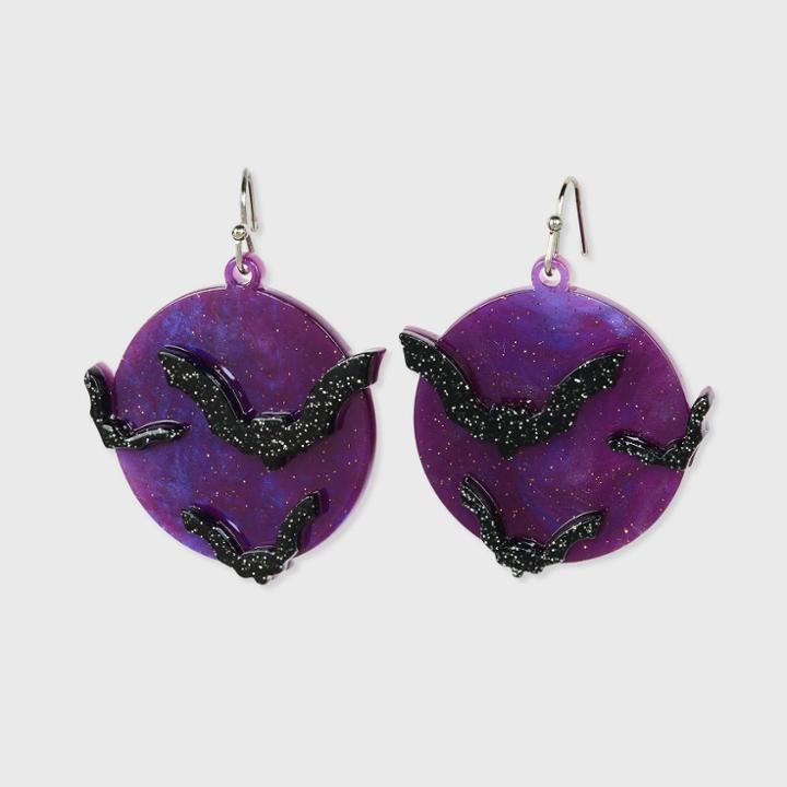 No Brand Halloween Moon With Bat Overlay Drop Earrings - Purple