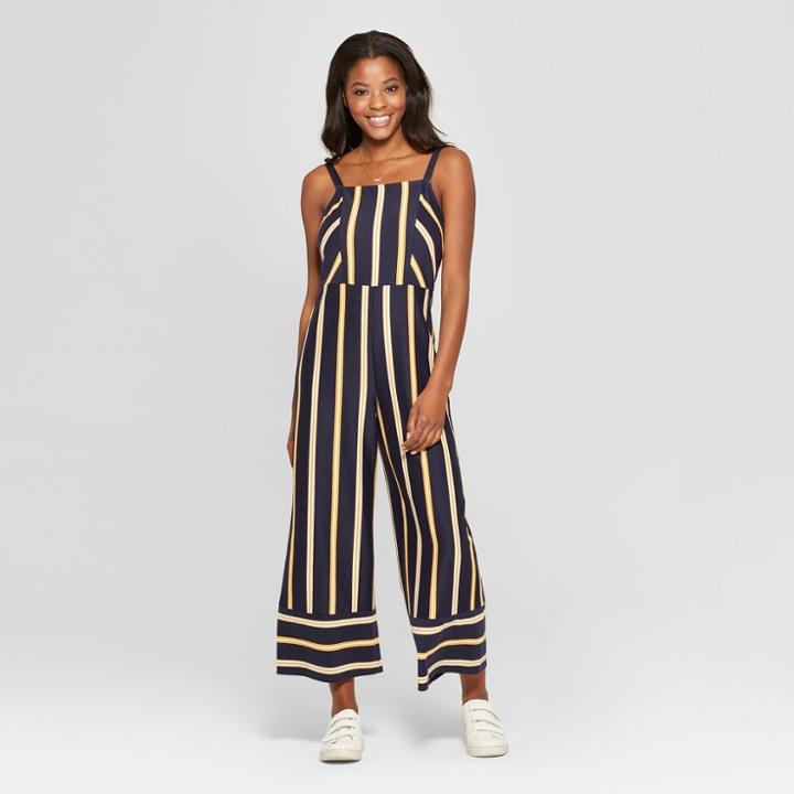 Women's Striped Strappy Square Front Knit Jumpsuit - Xhilaration Navy (blue)/mustard