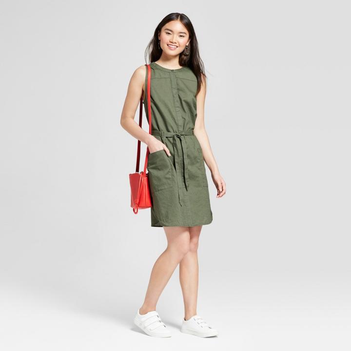 Women's Sleeveless Linen Shirtdress - A New Day Olive