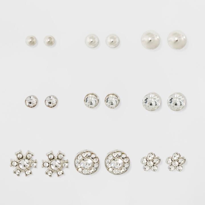 Distributed By Target Nine Pack With Studs And Stone Flowers Earring Set - Rhodium, Dark