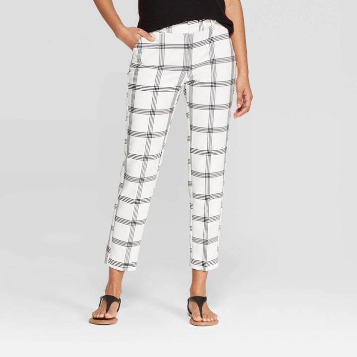 Women's Plaid Mid-rise Slim Ankle Pants - A New Day Cream