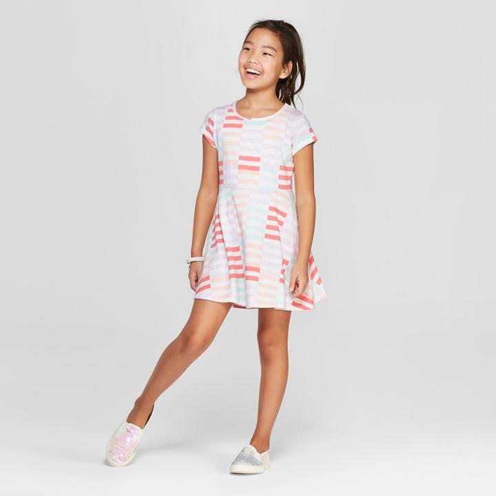 Girls' Short Sleeve Stripe A Line Dress - Cat & Jack White