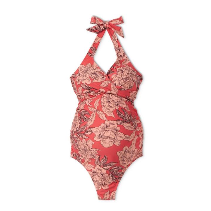 Maternity Floral Print Halter Neck D/dd Cup One Piece Swimsuit - Isabel Maternity By Ingrid & Isabel Pink