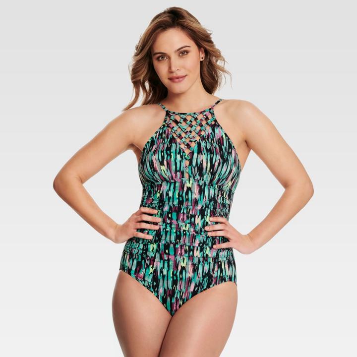 Dreamsuit By Miracle Brands Women's Slimming Control Ikat High Neck One Piece - 14,