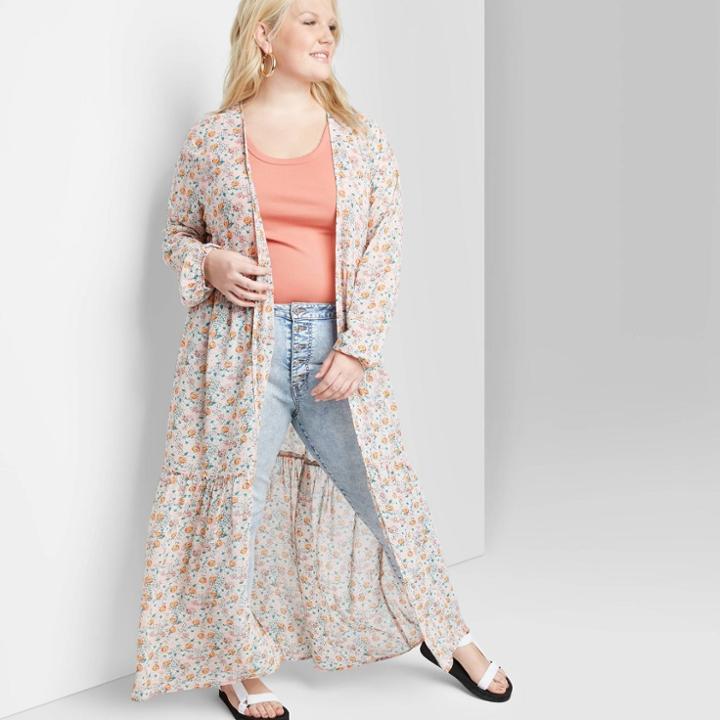 Women's Plus Size Floral Print Long Sleeve Tiered Duster Kimono - Wild Fable Coral