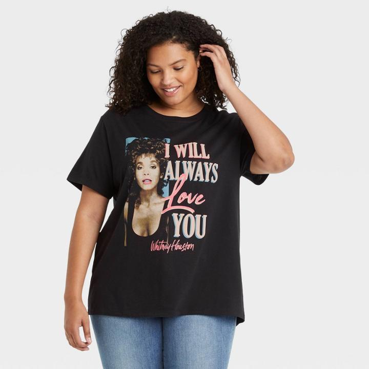 Women's Whitney Houston Plus Size I Will Always Love You Short Sleeve Graphic T-shirt - Black