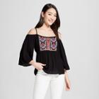 Women's 3/4 Sleeve Cold Shoulder Embroidered Top - Lily Star (juniors') Black