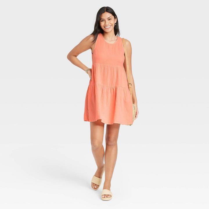 Women's Gauze Tiered Tank Dress - Universal Thread Coral