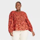 Women's Plus Size Floral Print Puff 3/4 Sleeve Smocked Blouse - Universal Thread Coral
