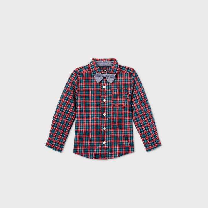 Oshkosh B'gosh Toddler Boys' Plaid Woven Long Sleeve Button-down Shirt And Bow Tie Set - Navy/red