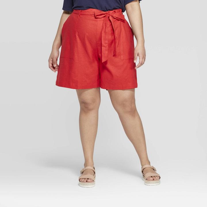 Women's Plus Size Linen Tie Waist Shorts - Ava & Viv Red