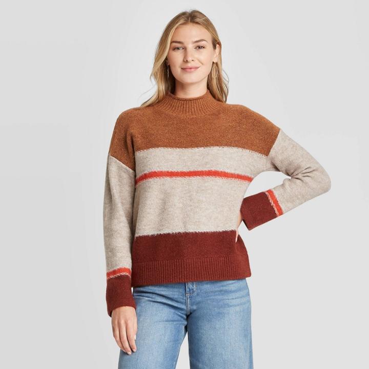 Women's Striped Mock Turtleneck Pullover Sweater - Universal Thread Taupe