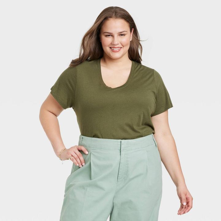Women's Plus Size Short Sleeve Scoop Neck T-shirt - A New Day Olive Green