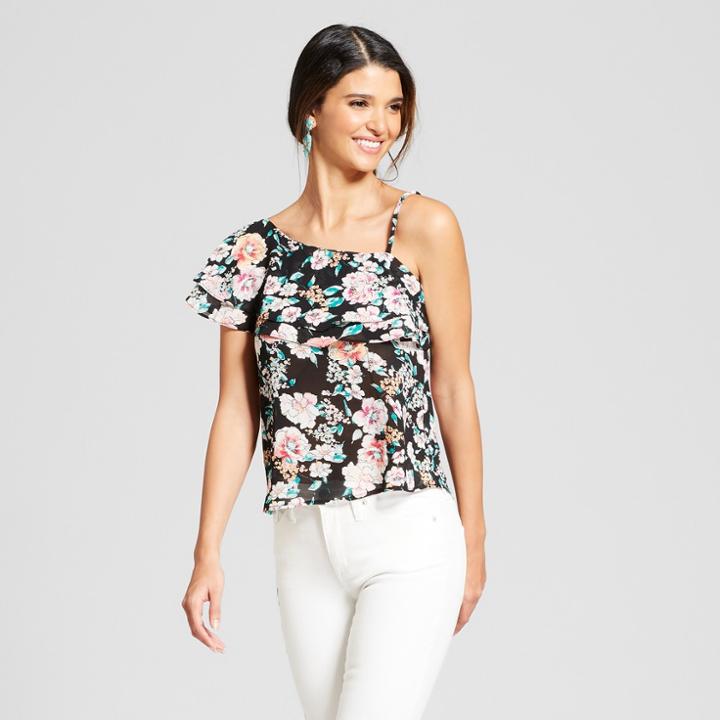 Women's Floral Print One Shoulder Top - Lily Star (juniors') Black