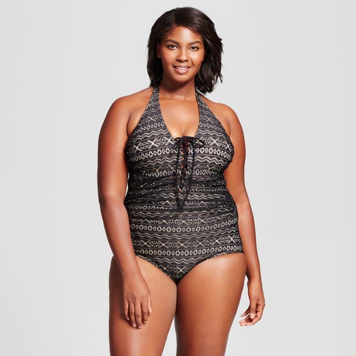 Women's Crochet Lace-up Halter One Piece - Ava & Viv Black