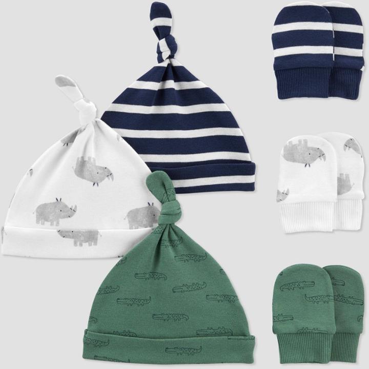 Carter's Just One You Baby Boys' 6pk Hat And Mitten Set - Green/off-white/navy
