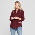 Women's Floral Print Roll Tab Long Sleeve Embroidered Hi Lo Hem Top - Knox Rose Burgundy