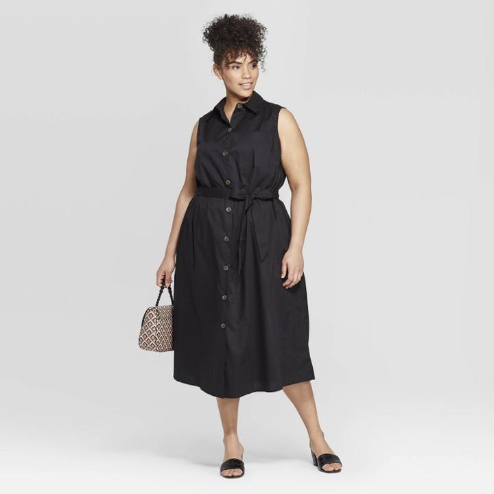 Women's Plus Size Sleeveless Collared Midi Shirtdress - Ava & Viv Black