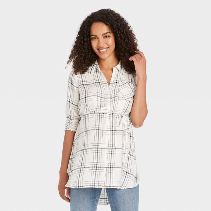 Long Sleeve Button-down Maternity Shirt - Isabel Maternity By Ingrid & Isabel Off-white Plaid