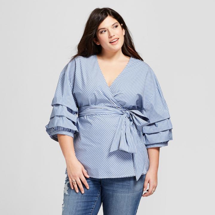 Women's Plus Size Stripe Long Sleeve Wrap Blouse - Ava & Viv Blue X