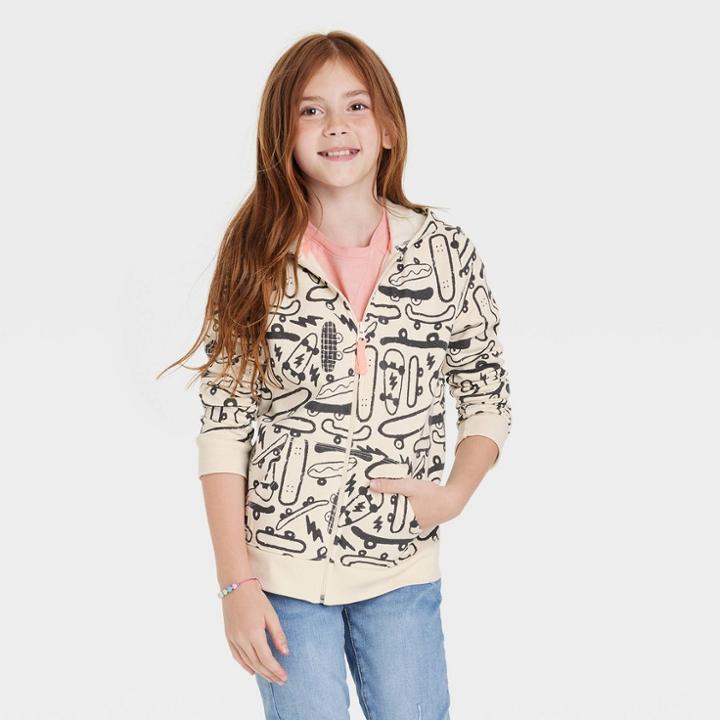 Girls' Printed Zip-up Fleece Hoodie - Cat & Jack Beige