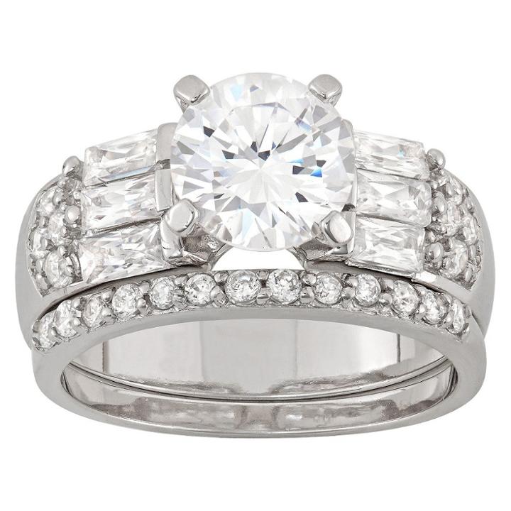 Target 3.22 Ct. T.w. Elegant 8mm Round-cut Cubic Zirconia With Baguette Side Stones 3-piece Bridal Set In Sterling Silver -
