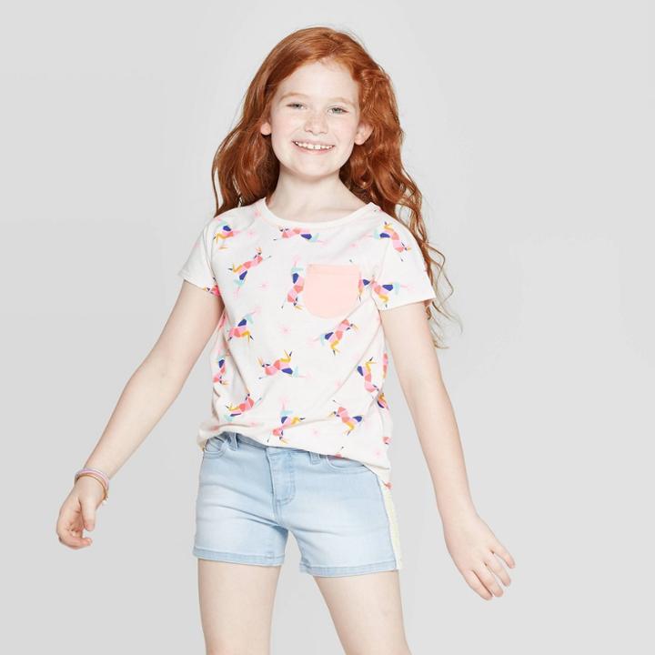 Girls' Short Sleeve Unicorn Print Pocket T-shirt - Cat & Jack Cream