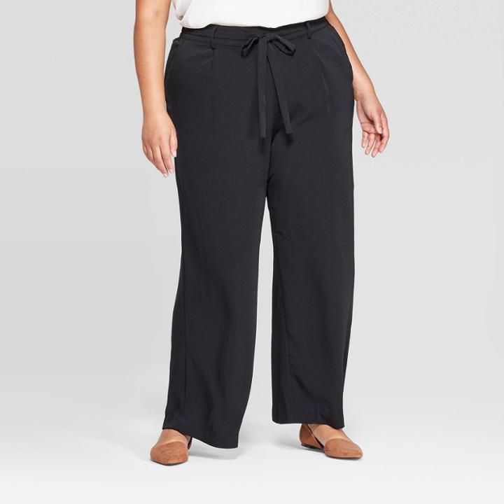Women's Plus Size Tie Waist Wide Leg Pants - A New Day Black