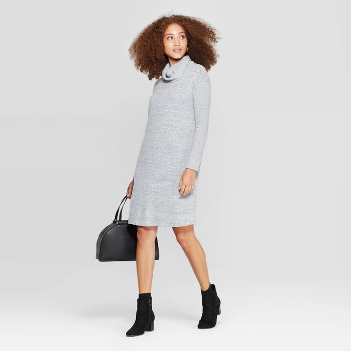 Women's Easy Fit Elbow Sleeve Turtleneck Knit Dress - A New Day Heather Gray
