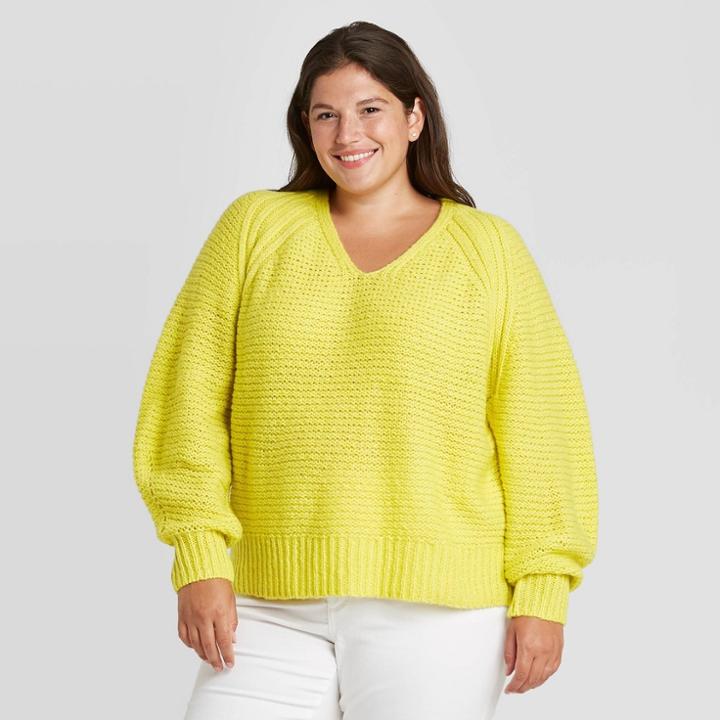Women's Plus Size Balloon Sleeve V-neck Pullover Sweater - Universal Thread Yellow