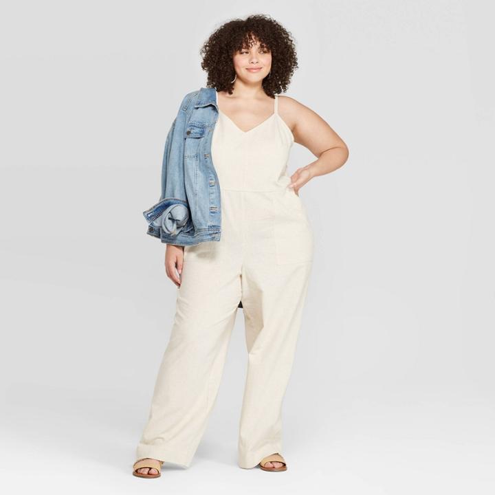 Target Women's Plus Size Sleeveless V-neck Side Button Jumpsuit - Universal Thread Cream X, Beige