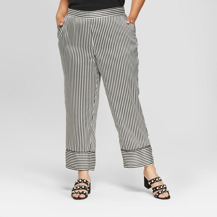 Women's Plus Size Striped Straight Leg Pajama Crop Pants - Who What Wear Black/white