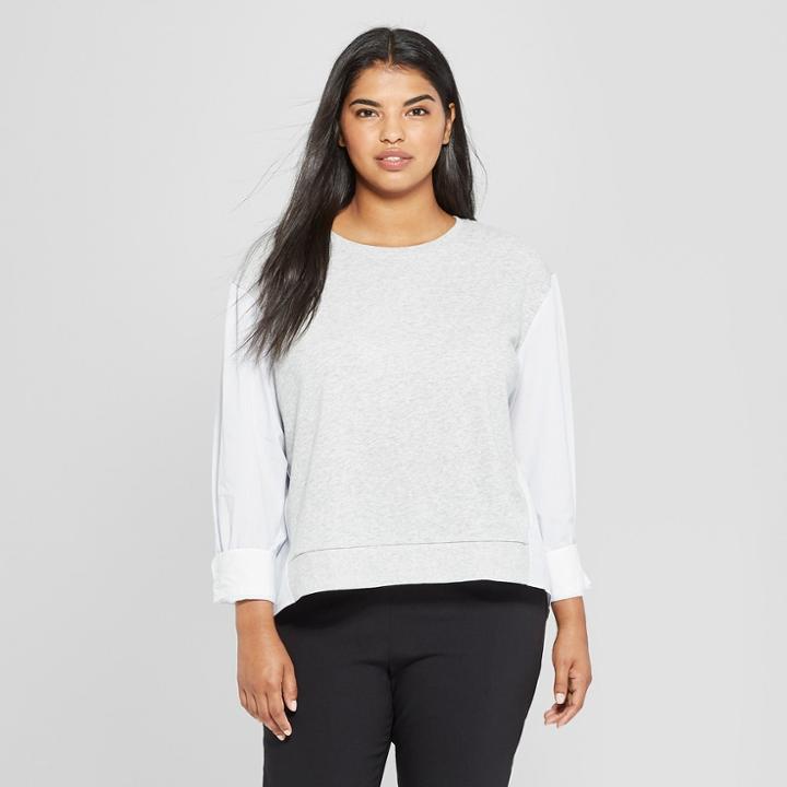 Women's Plus Size Striped Long Sleeve Woven Back Sweatshirt - Who What Wear Blue/white