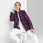Women's Raglan Long Sleeve Hi-low Flannel Button-down Shirt - Wild Fable Magenta Plaid