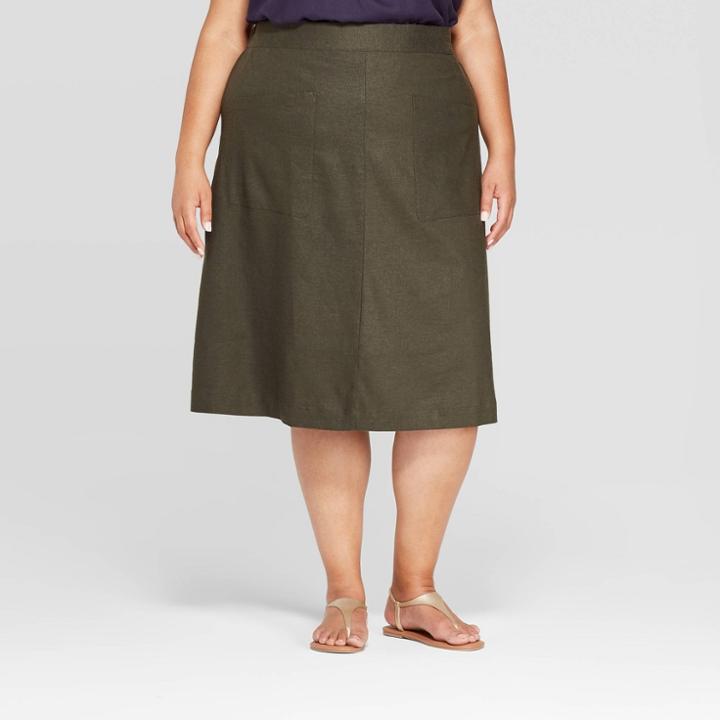 Women's Plus Size Linen Patch Pocket Skirt - Ava & Viv Dark Olive