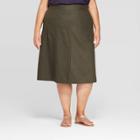 Women's Plus Size Linen Patch Pocket Skirt - Ava & Viv Dark Olive